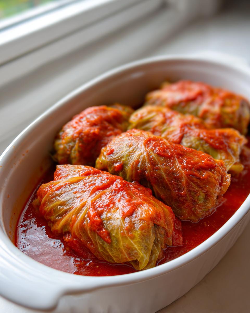 Close-up of several homemade cabbage rolls smothered in bright red tomato sauce, sitting in a white oval baking dish.