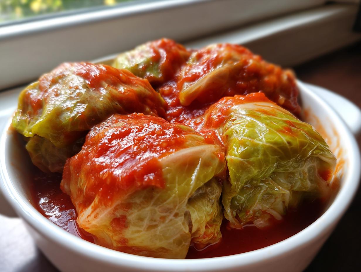A close-up of four hearty cabbage rolls smothered in bright red tomato sauce, served in a white bowl.
