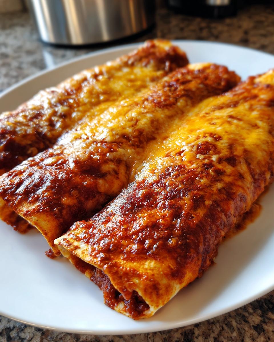 Three perfectly rolled cheese enchiladas covered in rich red sauce and melted golden cheese.