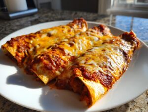 Three freshly baked cheese enchiladas covered in rich red sauce and melted cheddar cheese on a white plate.