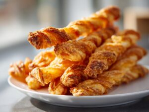A close-up stack of golden, flaky, twisted cheese straws recipe on a white plate.