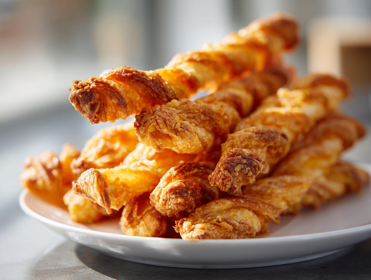 A close-up stack of golden, flaky, twisted cheese straws recipe on a white plate.