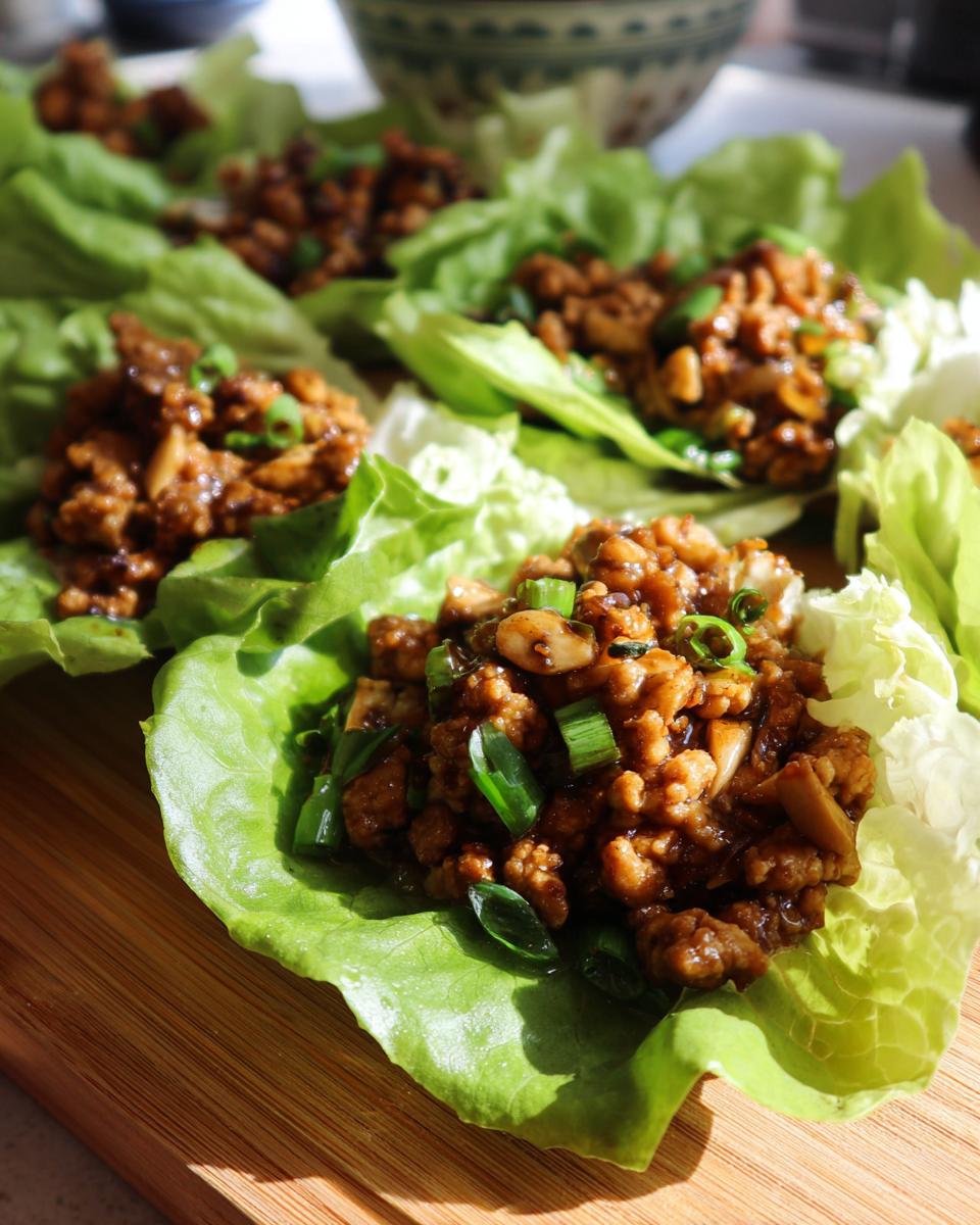 Close-up of several servings of amazing chicken lettuce wraps filled with savory ground chicken mixture and topped with green onions.