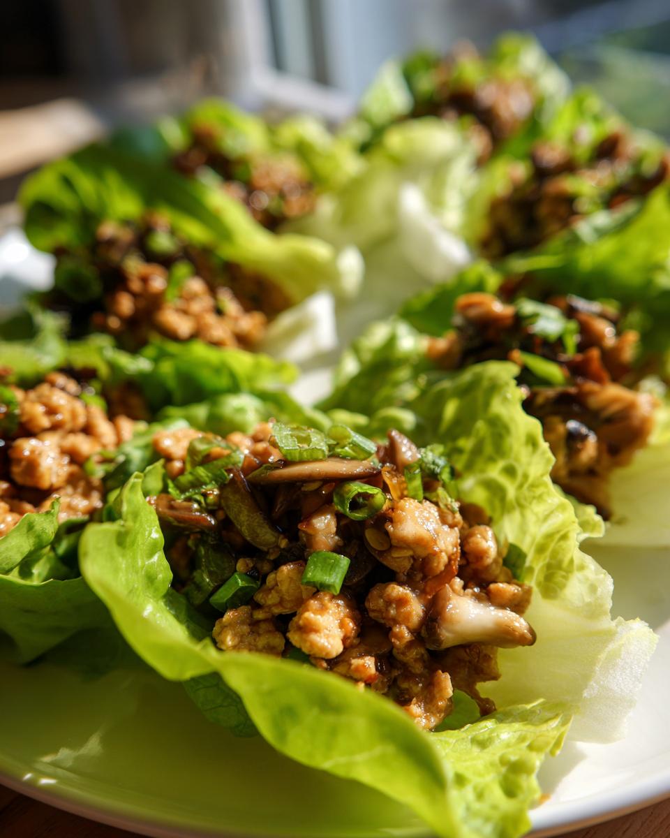 Several fresh chicken lettuce wraps filled with savory ground chicken, mushrooms, and green onions, ready to eat.