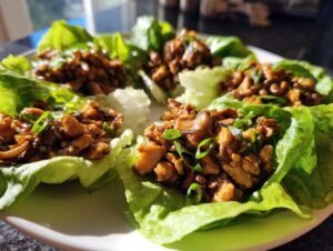 Four servings of amazing chicken lettuce wraps filled with savory brown chicken mixture and topped with green onions.