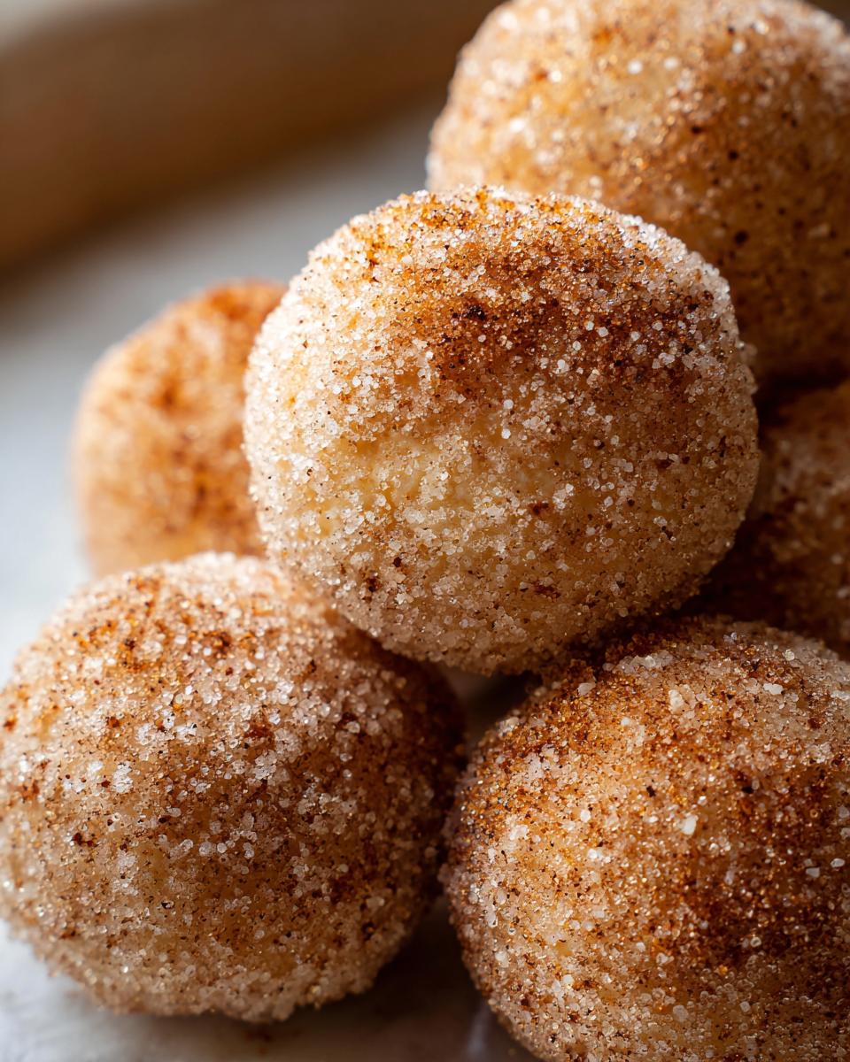A close-up stack of freshly baked cinnamon sugar snowball cookies heavily coated in sparkling sugar and cinnamon.