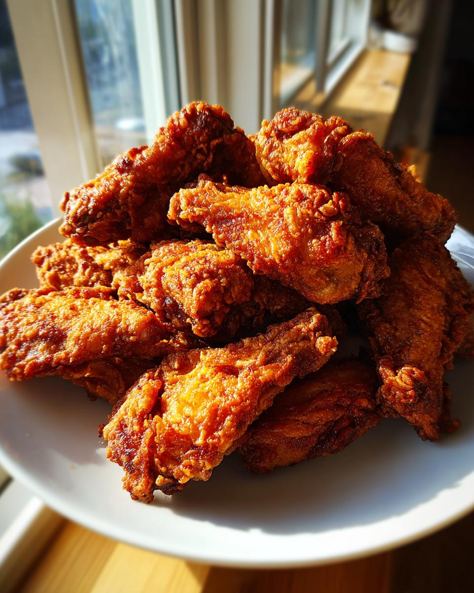 A pile of golden brown, crispy fried chicken wings stacked high on a white plate, backlit by a window.