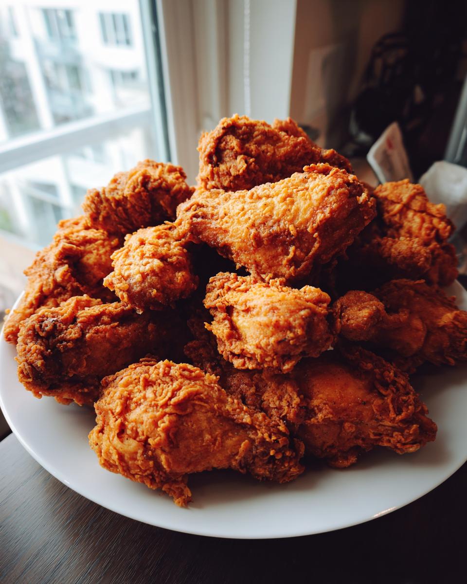 A large pile of golden brown, crispy fried chicken wings stacked high on a white plate indoors.