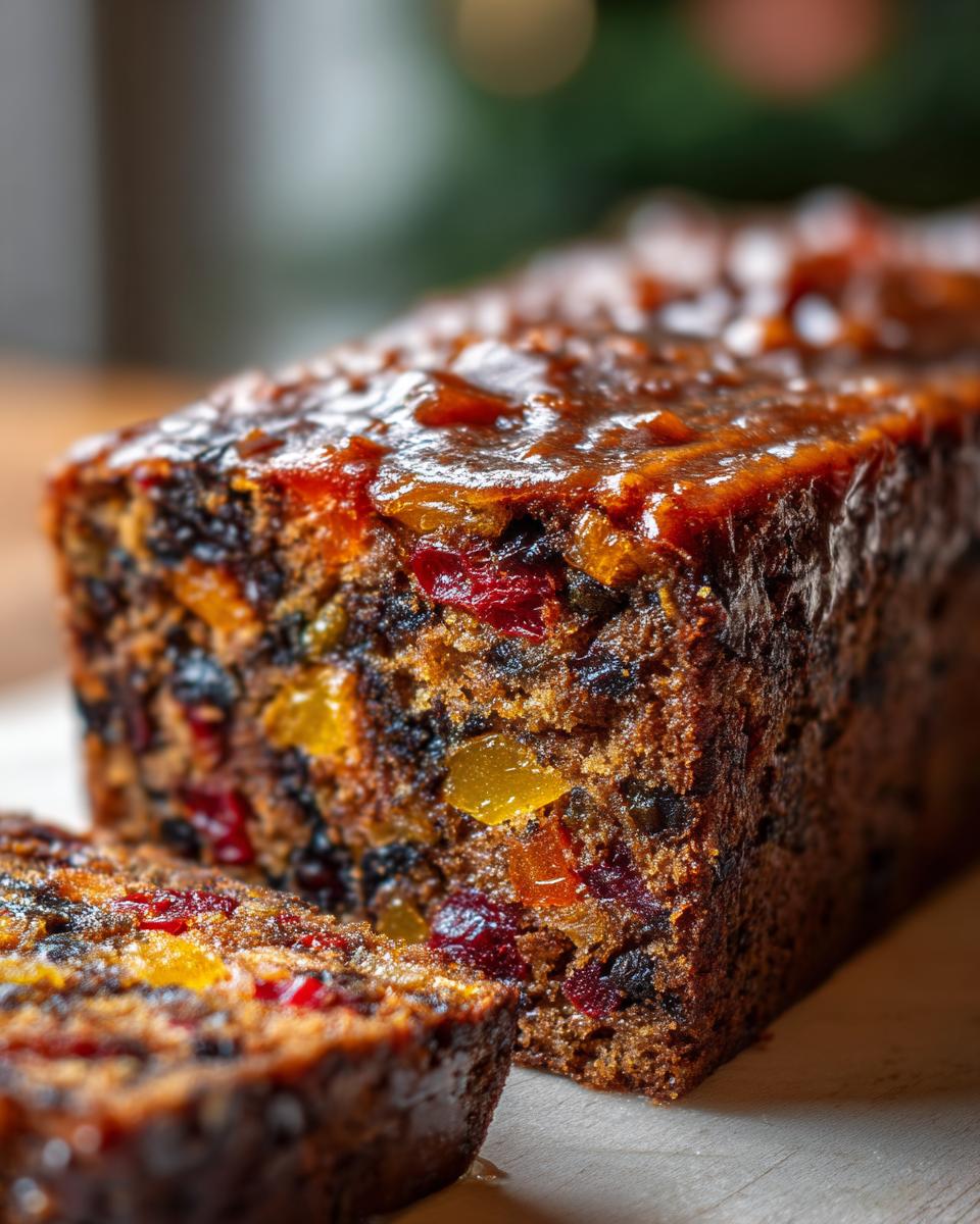 Close-up of a moist, glazed fruit cake recipe loaf with a slice cut off, showing rich dried fruits.