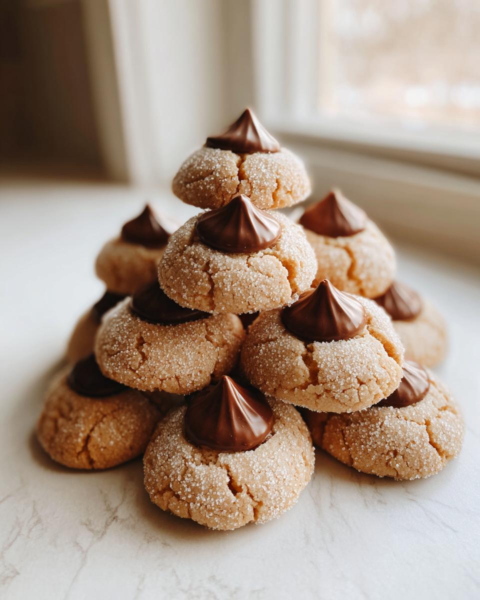 A pyramid stack of soft, sugar-coated peanut butter kiss cookies topped with a chocolate Hershey's Kiss.