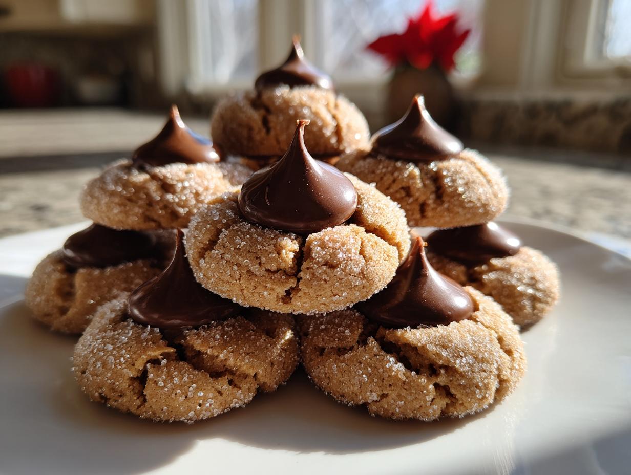 A stack of freshly baked, sugar-coated peanut butter kiss cookies topped with melted chocolate kisses.