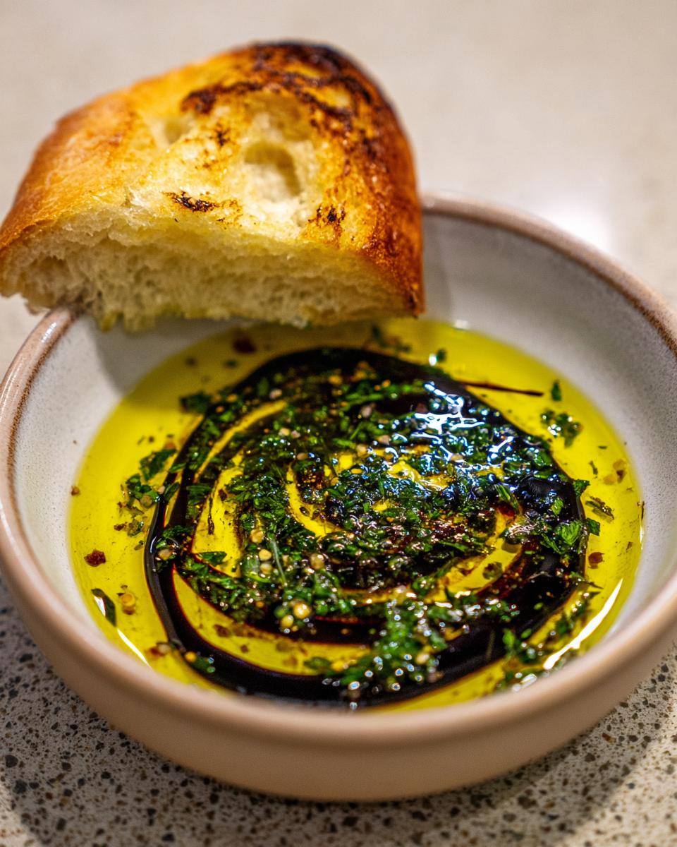 Close-up of a bowl containing olive oil bread dip with balsamic vinegar swirl and herbs, next to a piece of toasted bread.