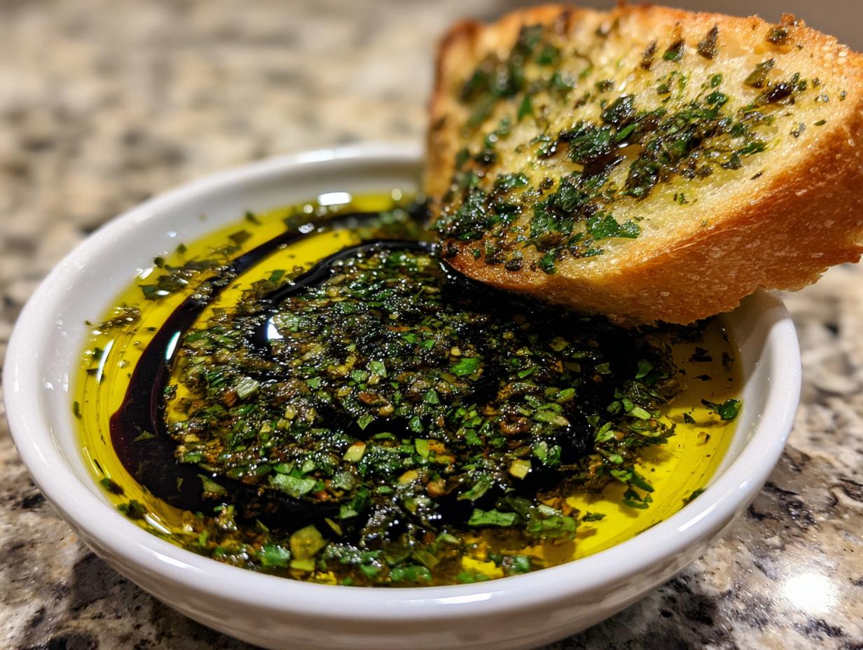 Close-up of a small white bowl containing olive oil bread dip with herbs and balsamic vinegar, served with a piece of toasted bread.
