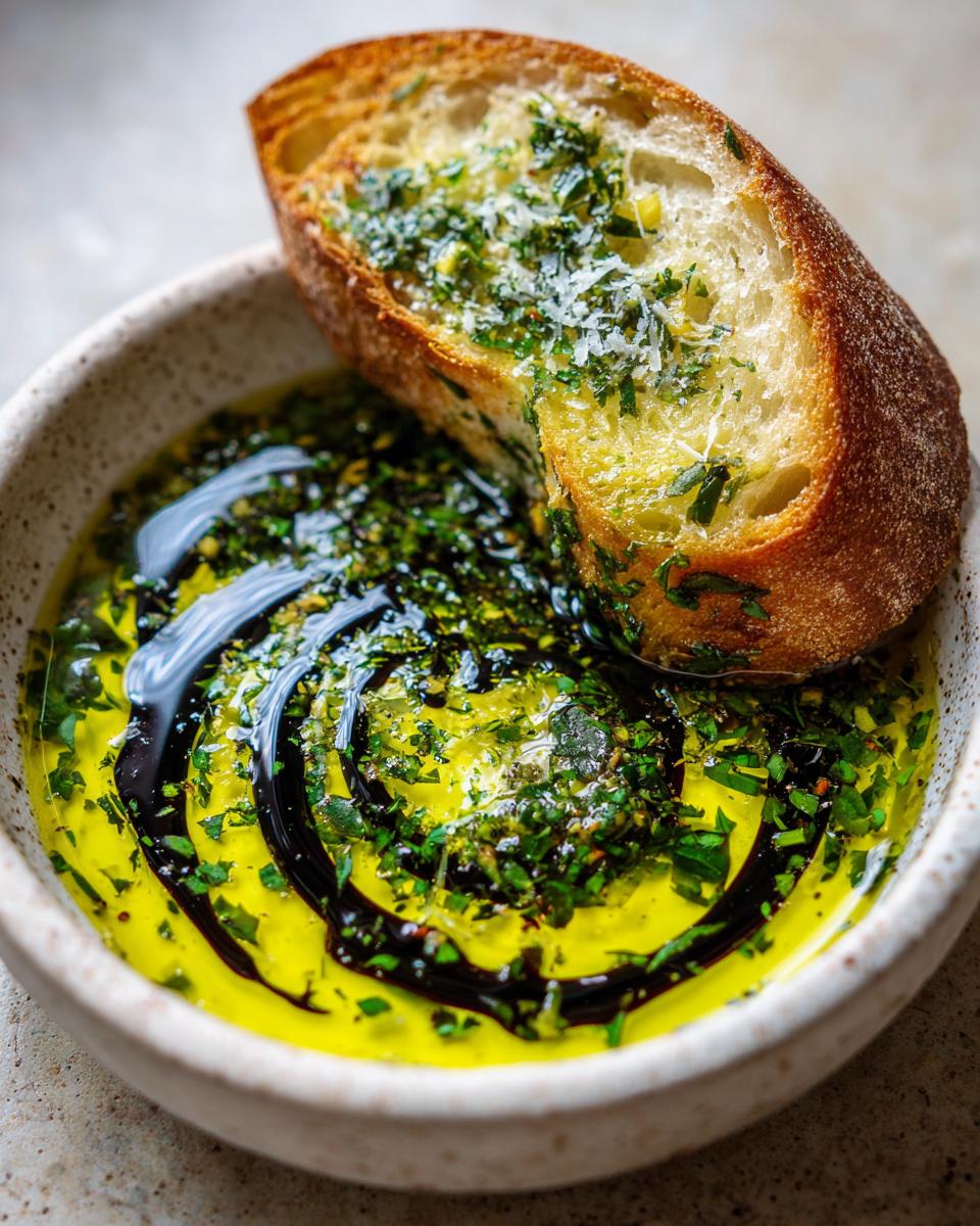 Close-up of a slice of crusty bread dipped into a vibrant olive oil bread dip seasoned with herbs and balsamic vinegar swirl.