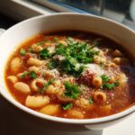 Close-up of a steaming bowl of amazing pasta fagioli, topped with grated cheese and fresh parsley.