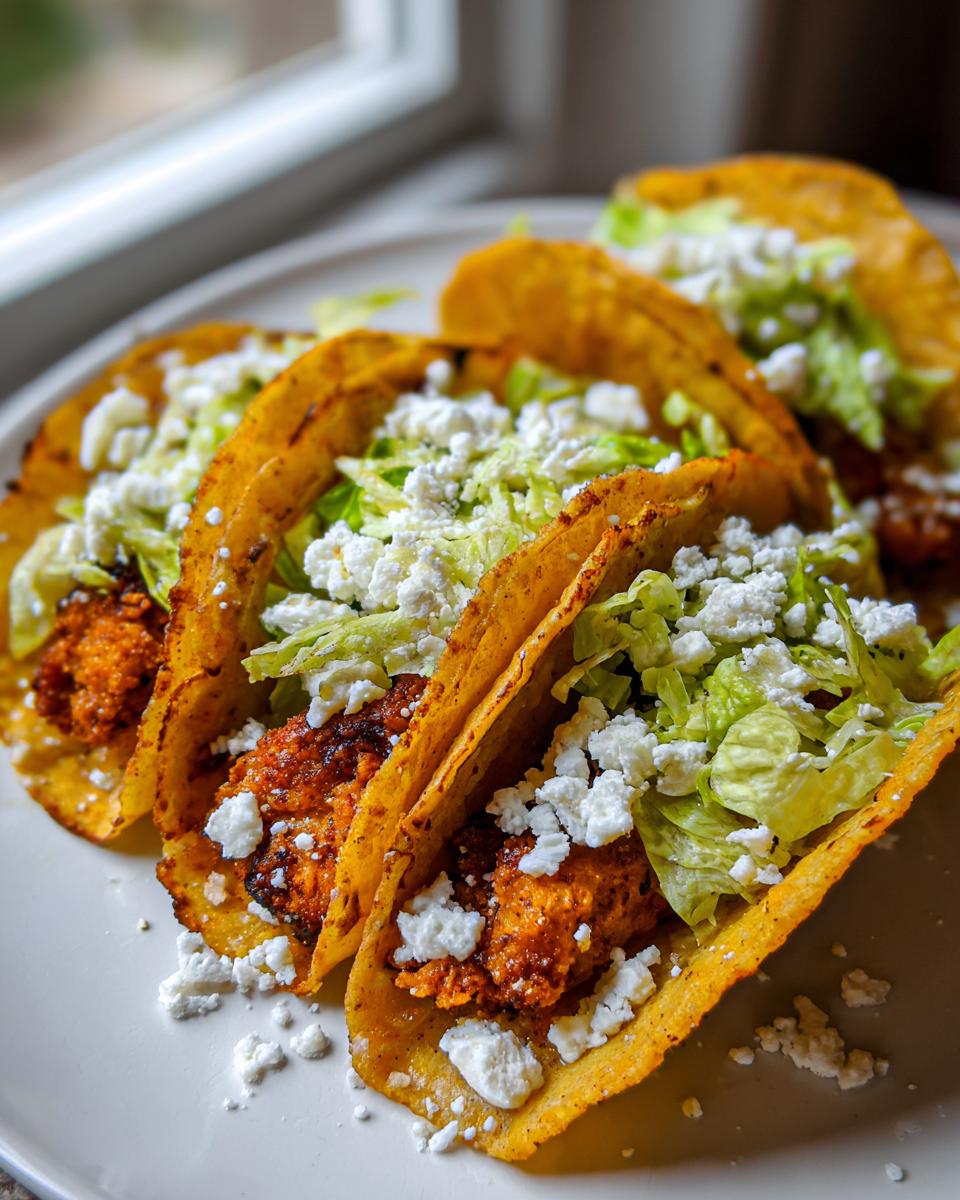 Four crispy, golden potato tacos filled with spiced potato mixture, shredded lettuce, and crumbled white cheese.