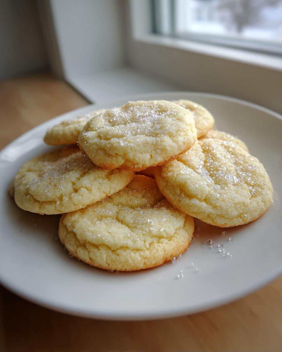A stack of freshly baked soft sugar cookies sprinkled generously with coarse sugar, resting on a white plate.