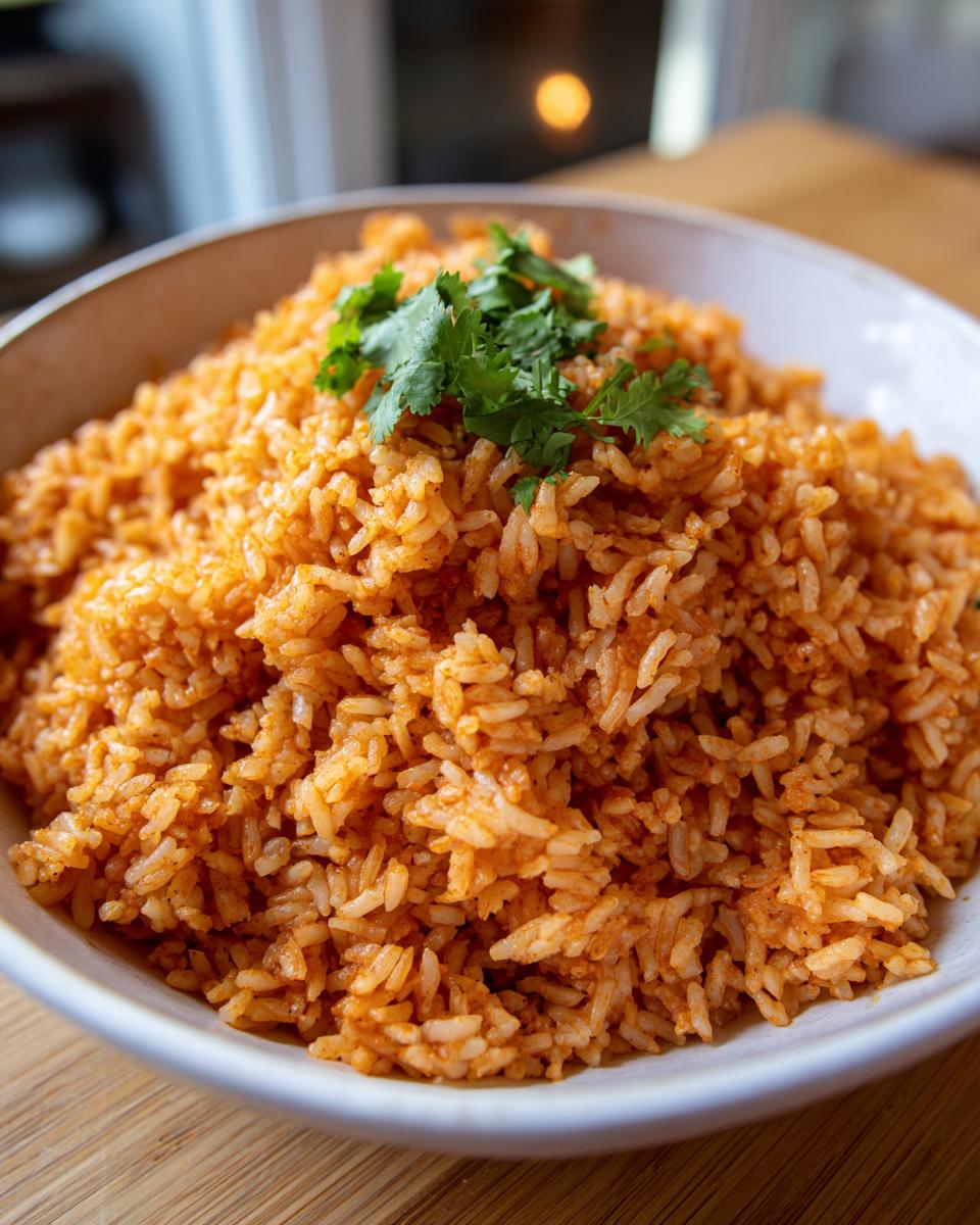 Close-up of a white bowl filled with perfectly cooked, bright orange Spanish rice, topped with fresh cilantro.