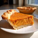 A close-up of a perfect slice of sweet potato pie on a white plate, showing the rich orange filling and flaky crust.