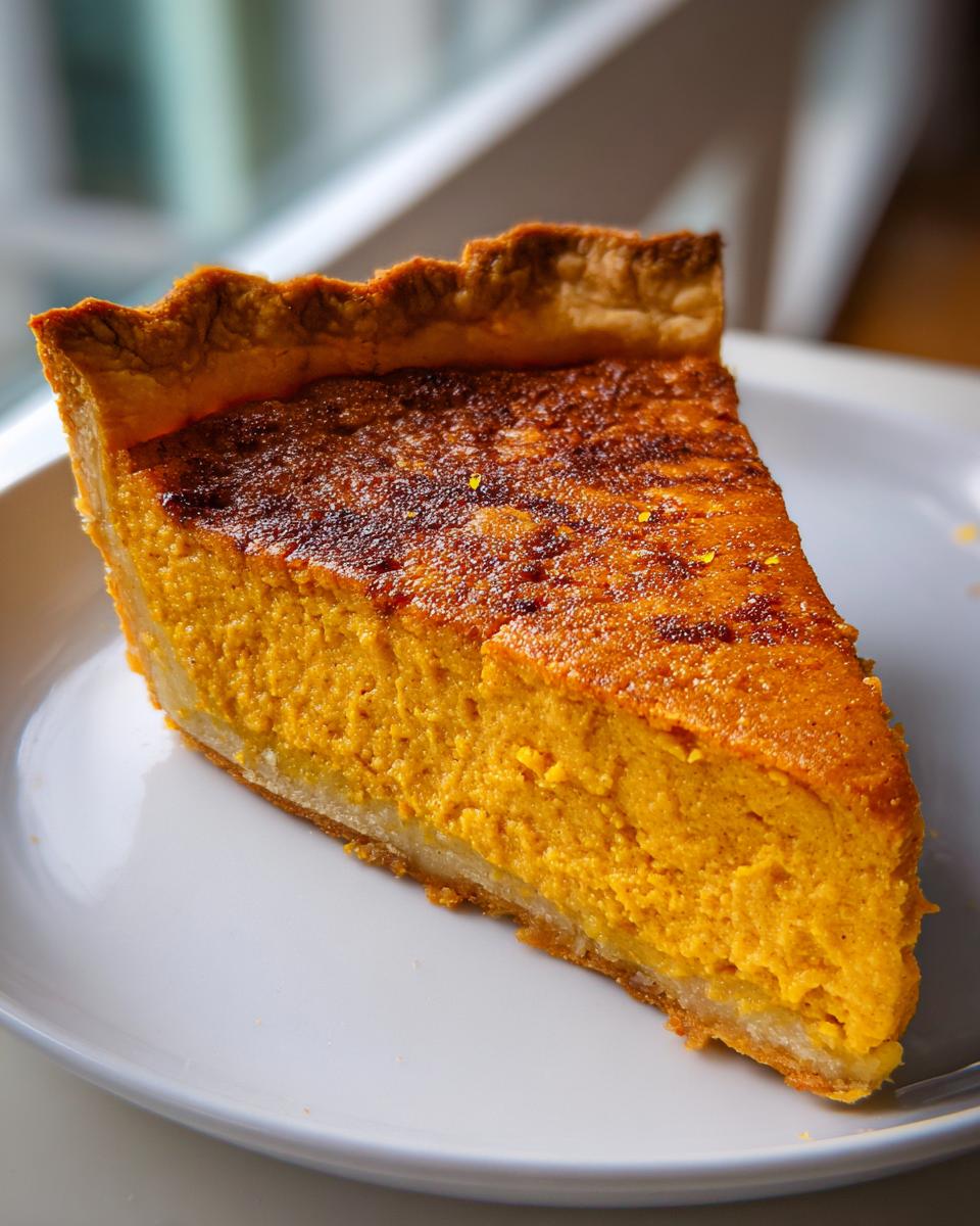 Close-up of a thick slice of bright orange sweet potato pie on a white plate.