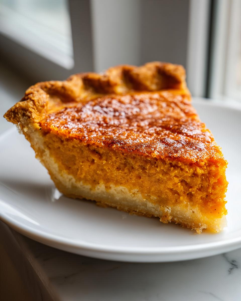 A close-up of a perfect slice of sweet potato pie on a white plate, showing the rich orange filling and flaky crust.