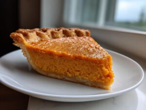 A close-up of a thick slice of vibrant orange sweet potato pie with a flaky crust, served on a white plate.