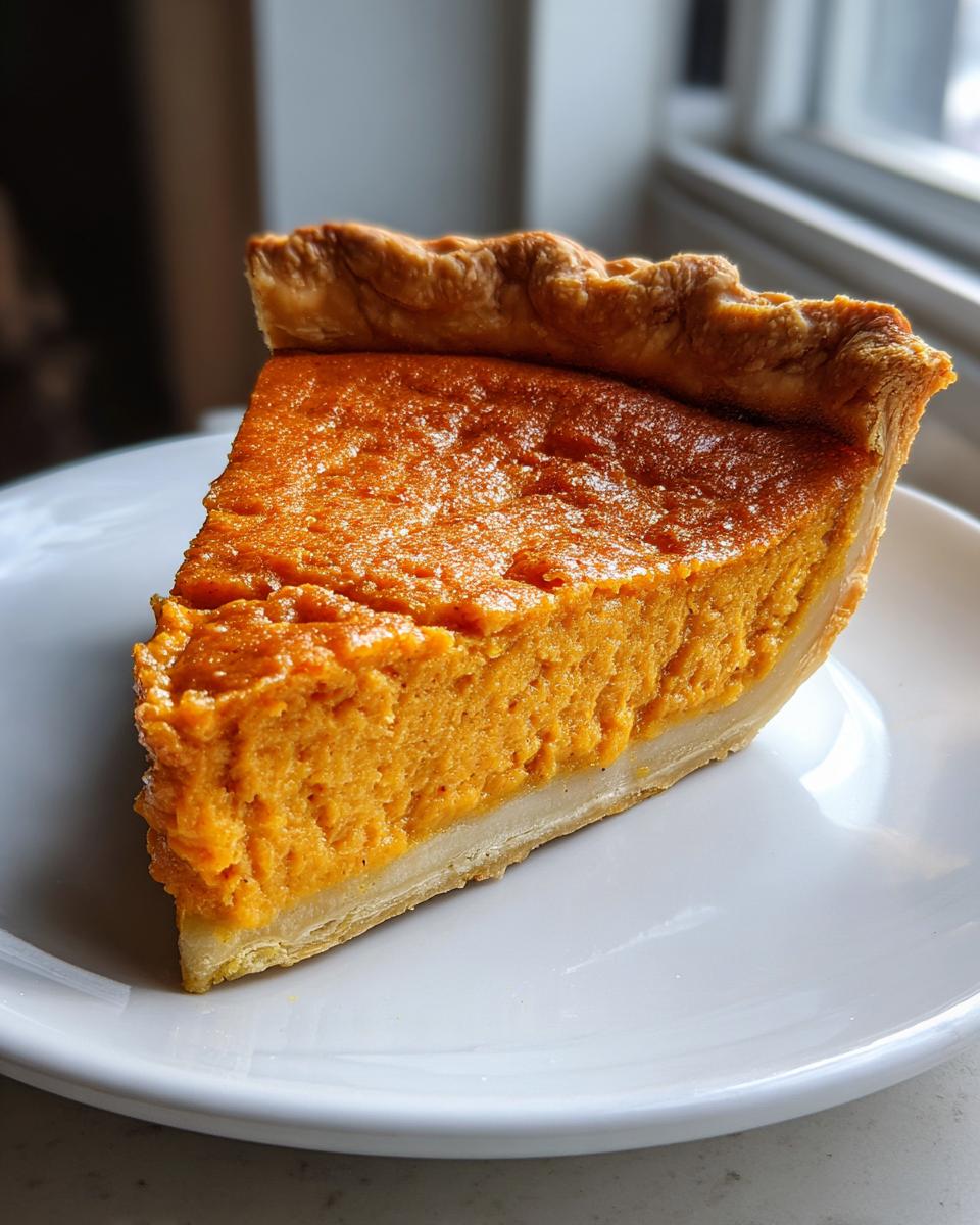 A close-up of a thick slice of vibrant orange sweet potato pie on a white plate.