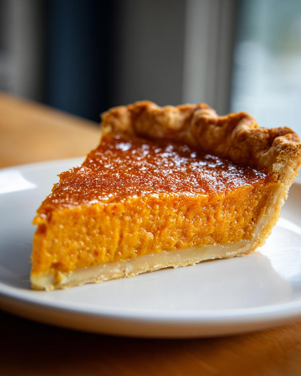Close-up of a rich, orange slice of sweet potato pie with a flaky crust on a white plate.