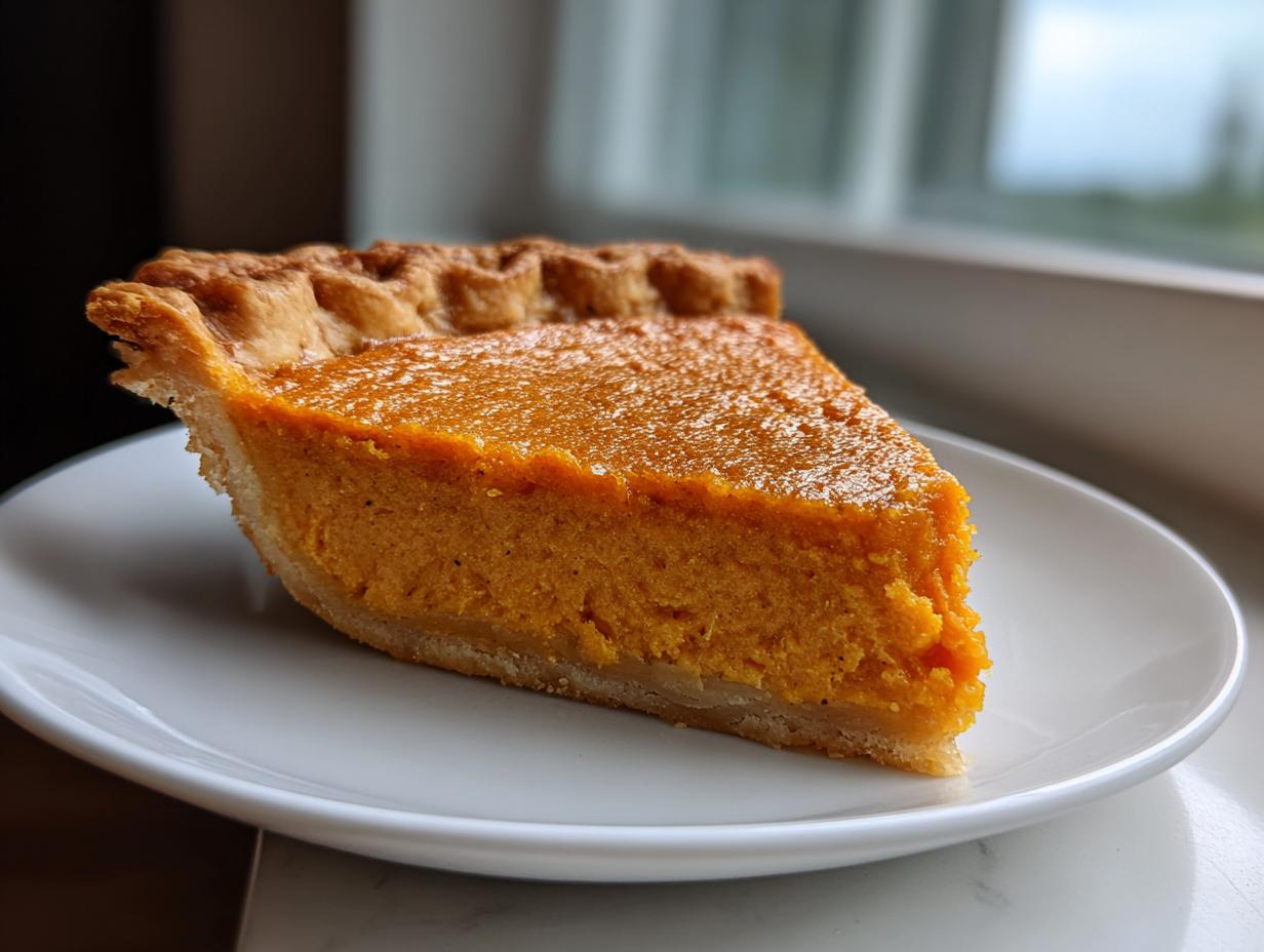 A close-up of a thick slice of vibrant orange sweet potato pie with a flaky crust, served on a white plate.