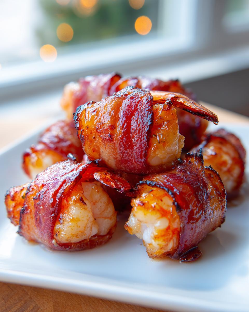 A close-up of several perfectly cooked, glazed bacon wrapped shrimp piled on a white plate.