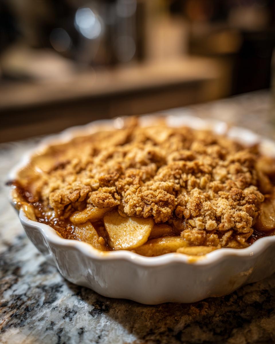 Close-up of a warm, bubbling apple crisp recipe baked in a white fluted dish on a granite counter.