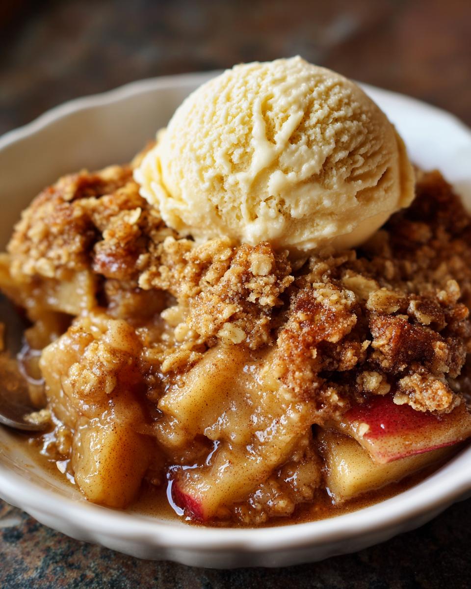 Close-up of a warm serving of apple crisp recipe topped with a scoop of vanilla ice cream in a white bowl.