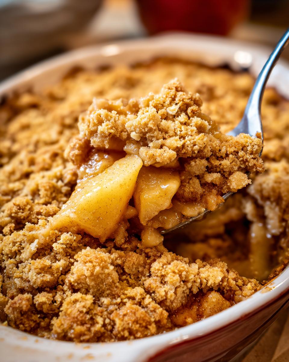 Close-up of a spoonful being lifted from a baked apple crisp recipe, showing tender cinnamon apples and a buttery crumb topping.