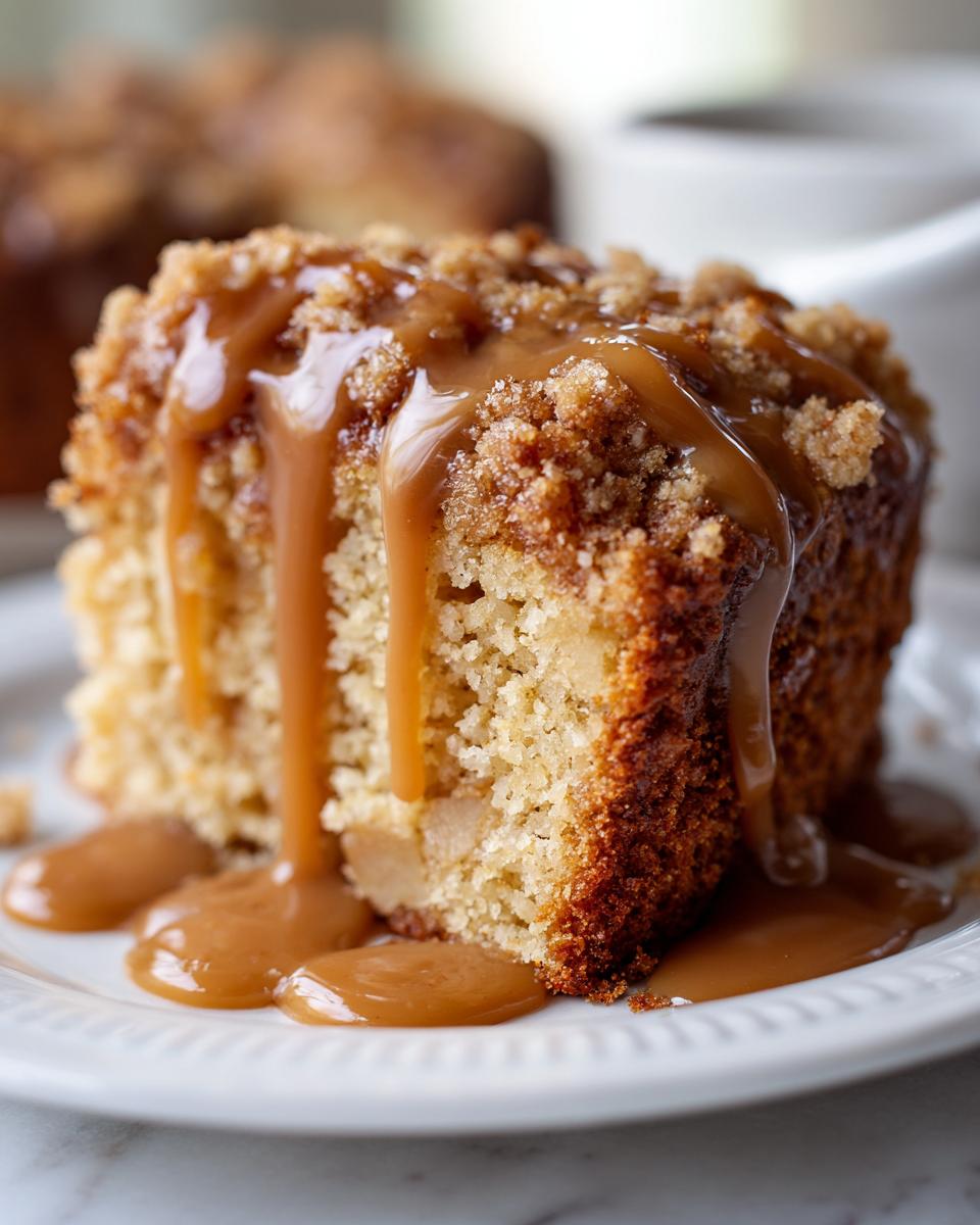 A close-up of a moist slice of apple dapple cake topped with streusel and drizzled generously with caramel sauce.