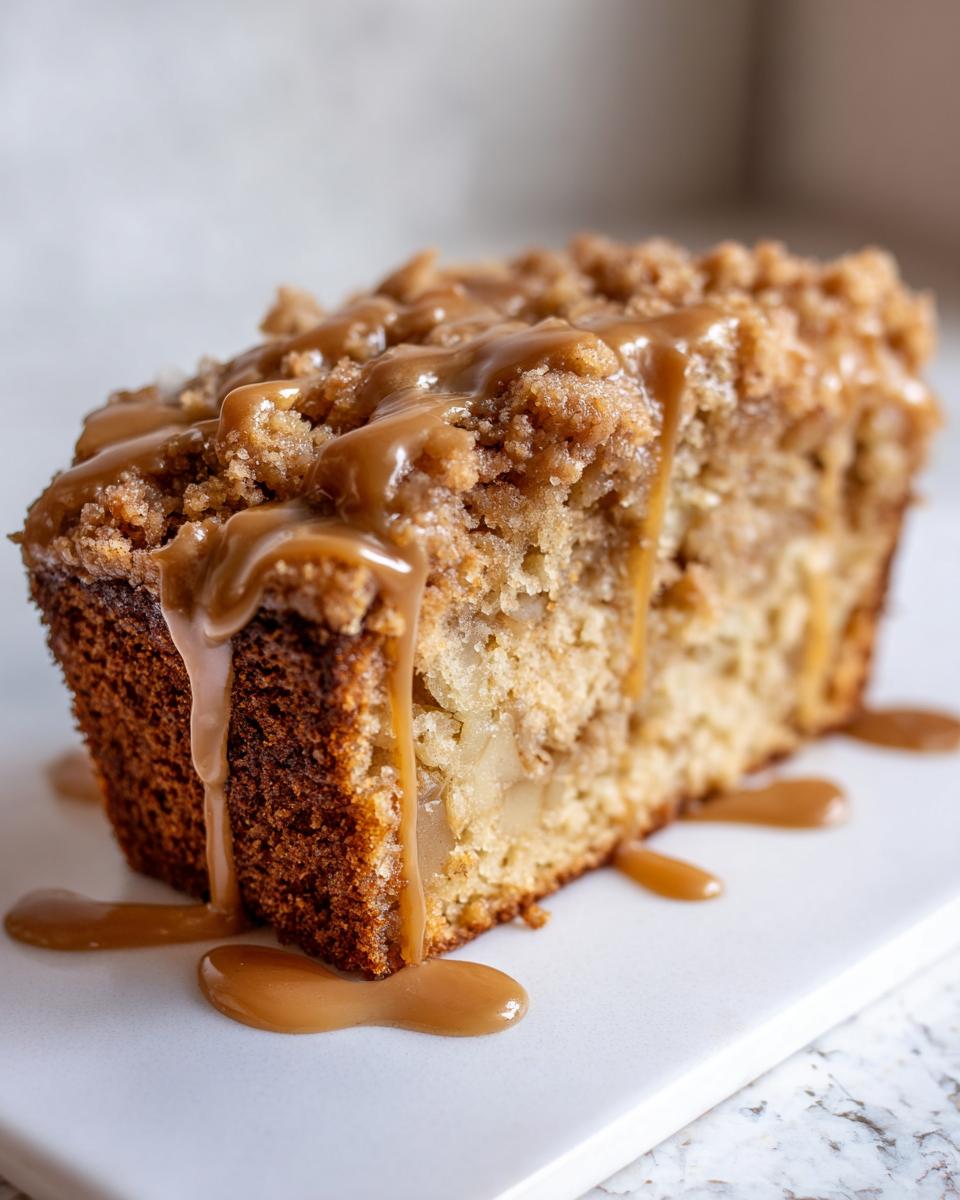 A close-up of a slice of moist apple dapple cake topped with streusel and rich caramel glaze dripping down the sides.