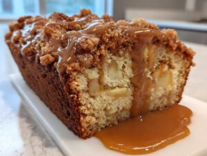 Close-up of a slice of apple dapple cake showing moist crumb, apple chunks, and rich caramel glaze dripping down.