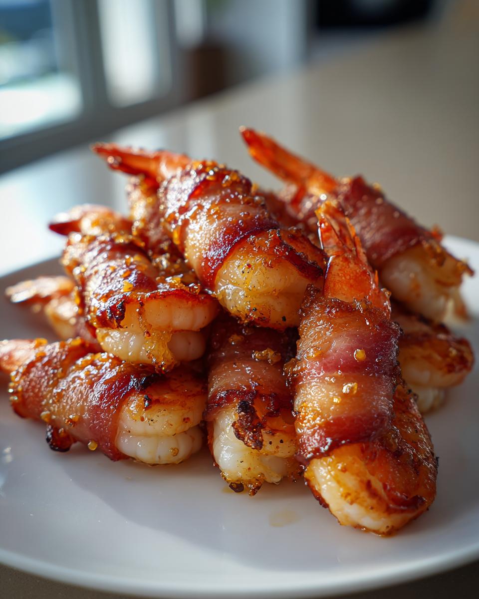 A close-up of a pile of perfectly cooked bacon wrapped shrimp, glistening with glaze, served on a white plate.