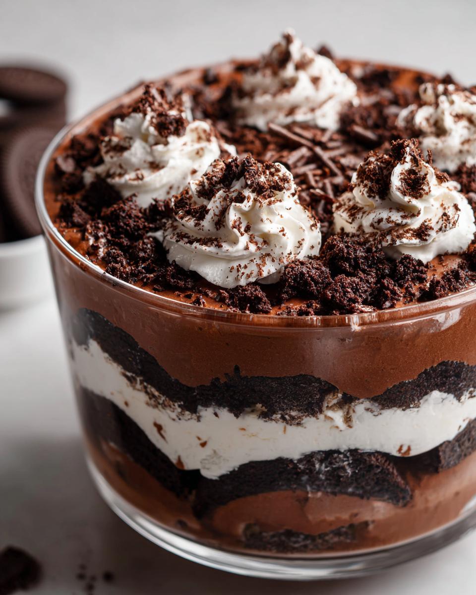 Layers of chocolate mousse, cream, and cookie crumbs in a glass bowl for the Baileys Chocolate Cheesecake Trifle.