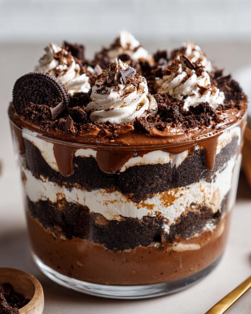 Close-up of a layered Baileys Chocolate Cheesecake Trifle topped with whipped cream and Oreo crumbs.