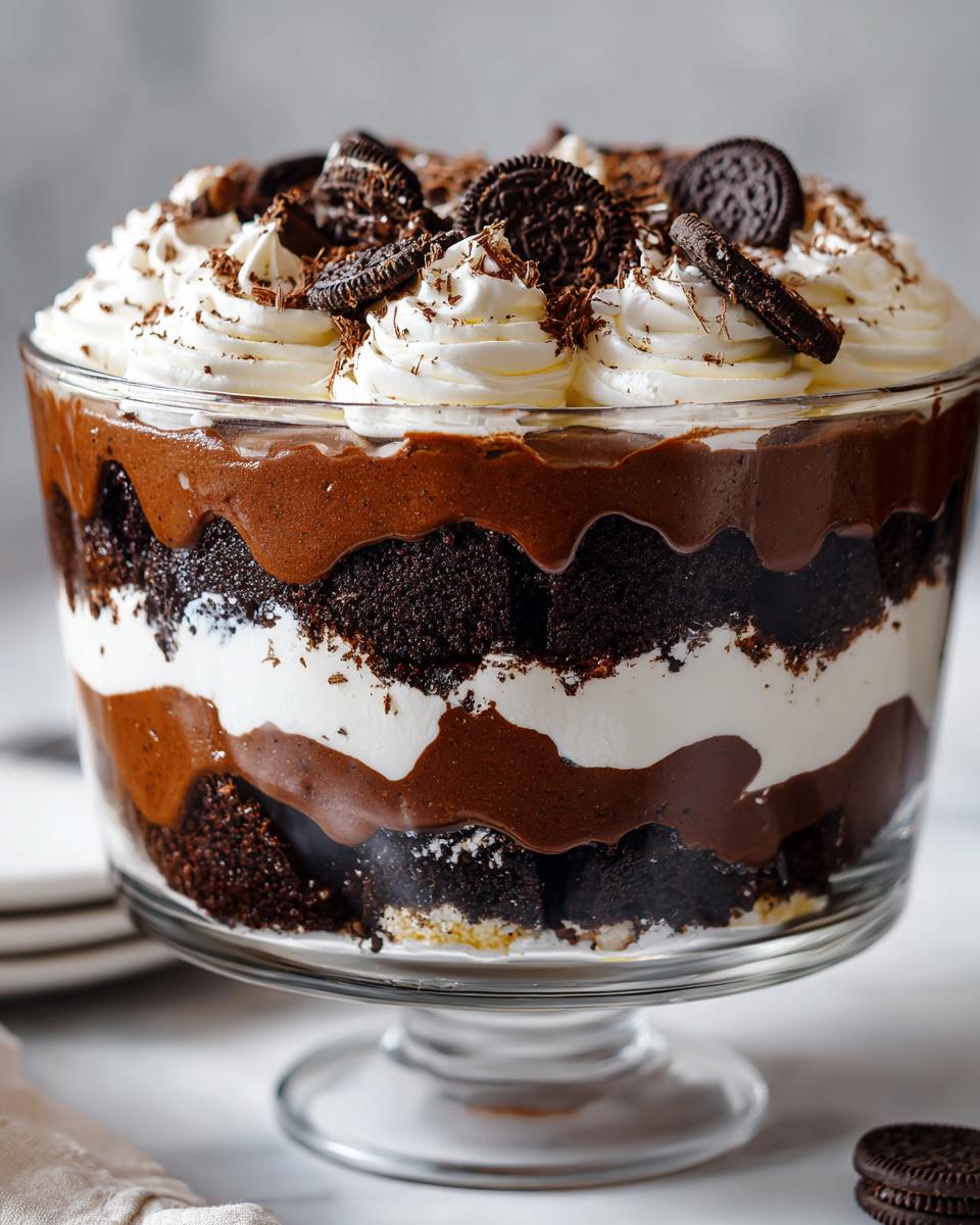 Close-up of a layered Baileys Chocolate Cheesecake Trifle topped with whipped cream and chocolate cookies.