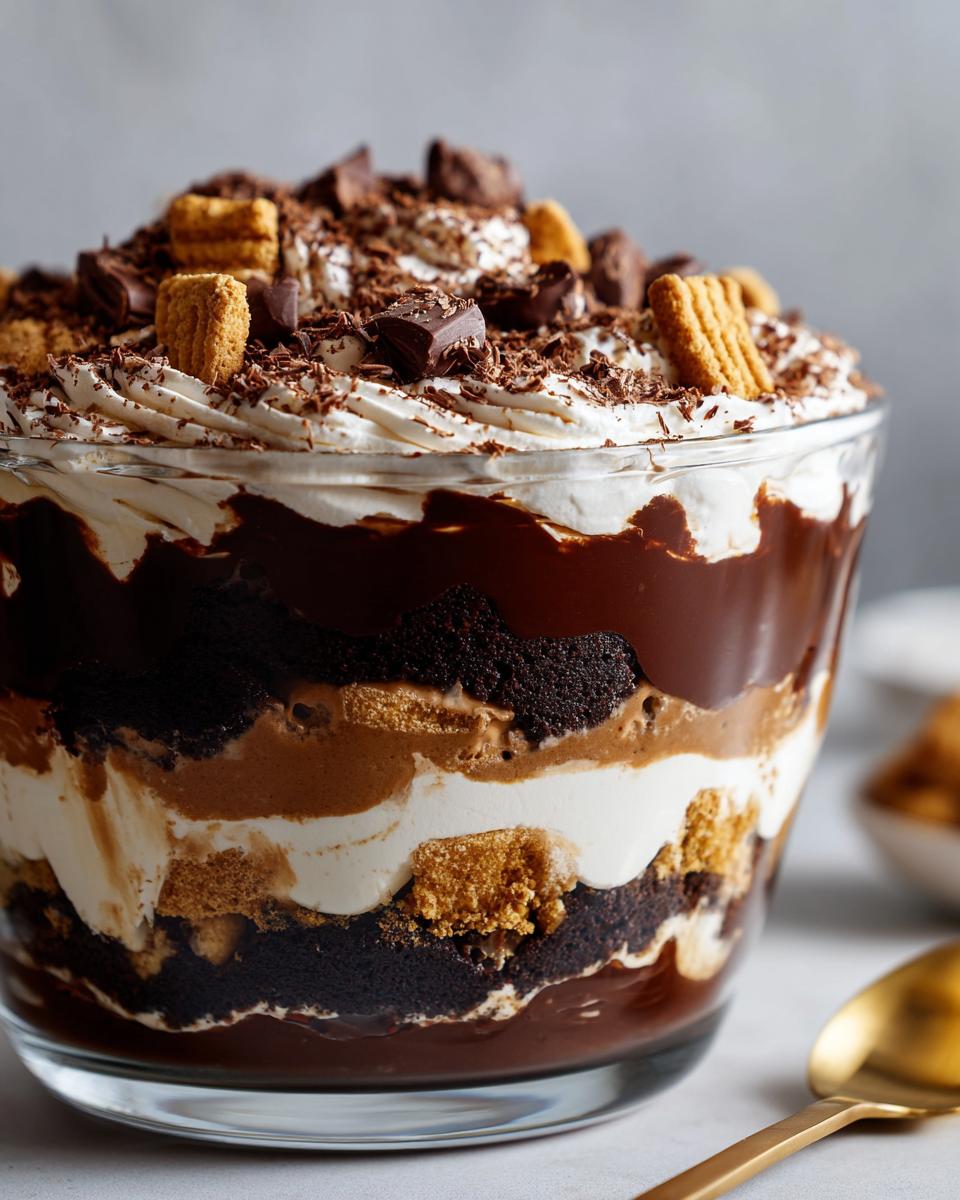 Close-up of a layered Baileys Chocolate Cheesecake Trifle featuring chocolate cake, cream, and chocolate sauce, topped with whipped cream and cookies.