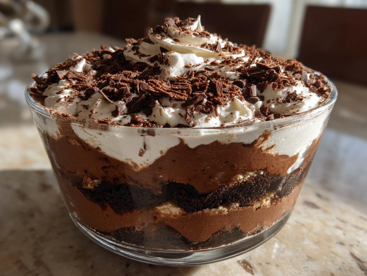 A rich Baileys Chocolate Cheesecake Trifle layered with chocolate cake, mousse, and whipped cream, topped with chocolate shavings.