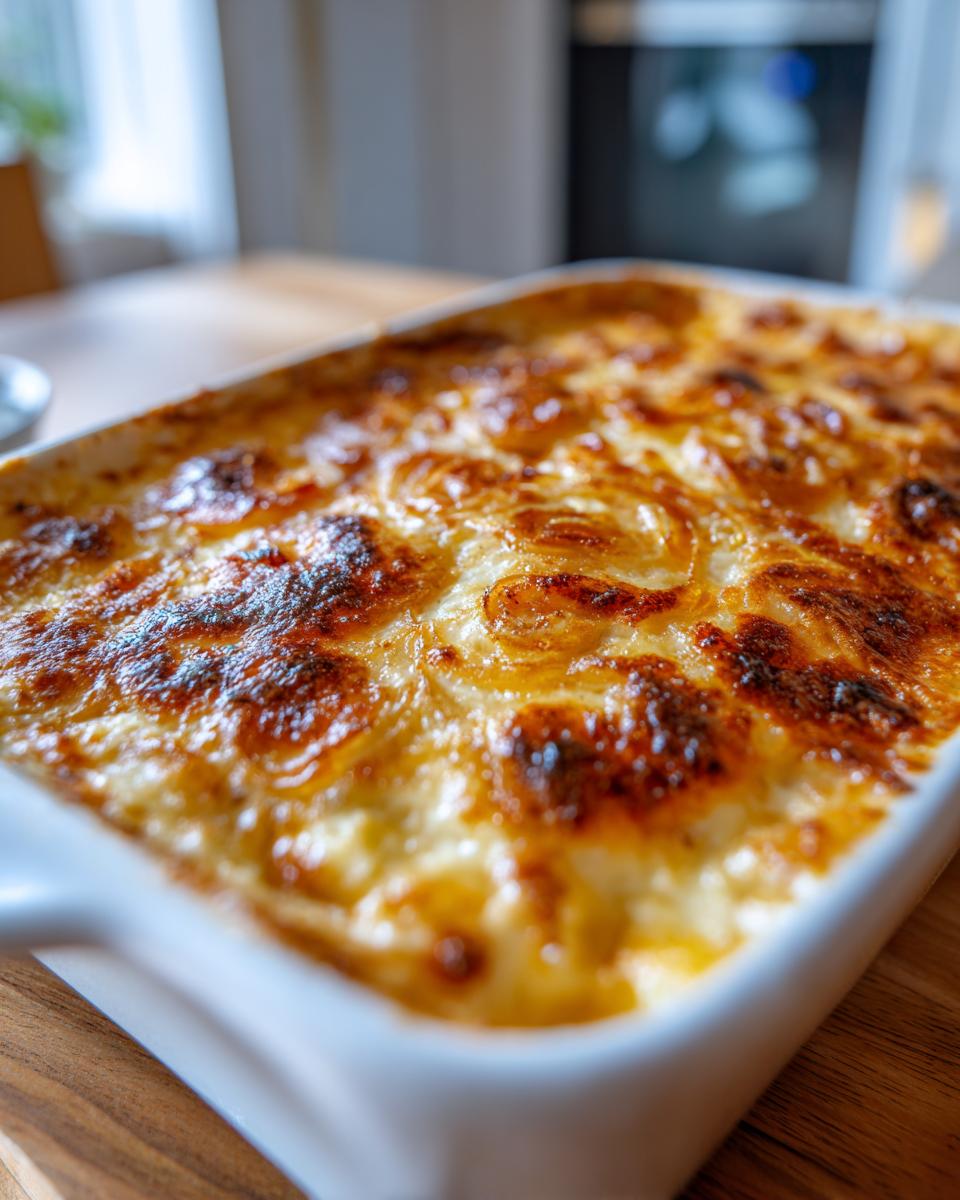 Close-up of a baked caramelized onion dip with a golden-brown, bubbly, and cheesy top crust.