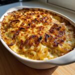 A white oval baking dish filled with hot, cheesy caramelized onion dip, featuring golden-brown, slightly charred onion rings on top.