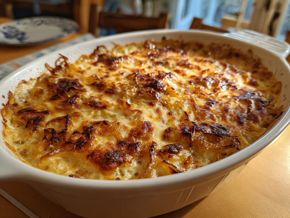 Close-up of a baked caramelized onion dip in a white oval dish, featuring a bubbly, golden-brown, and slightly charred cheese topping.