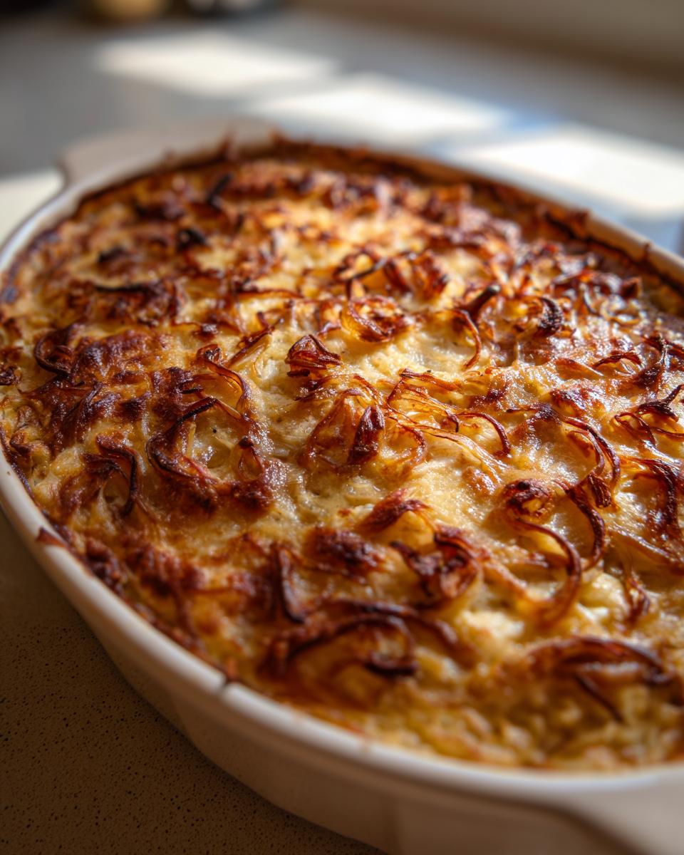 Close-up of baked caramelized onion dip in a white dish, featuring a golden, bubbly, and crispy onion topping.