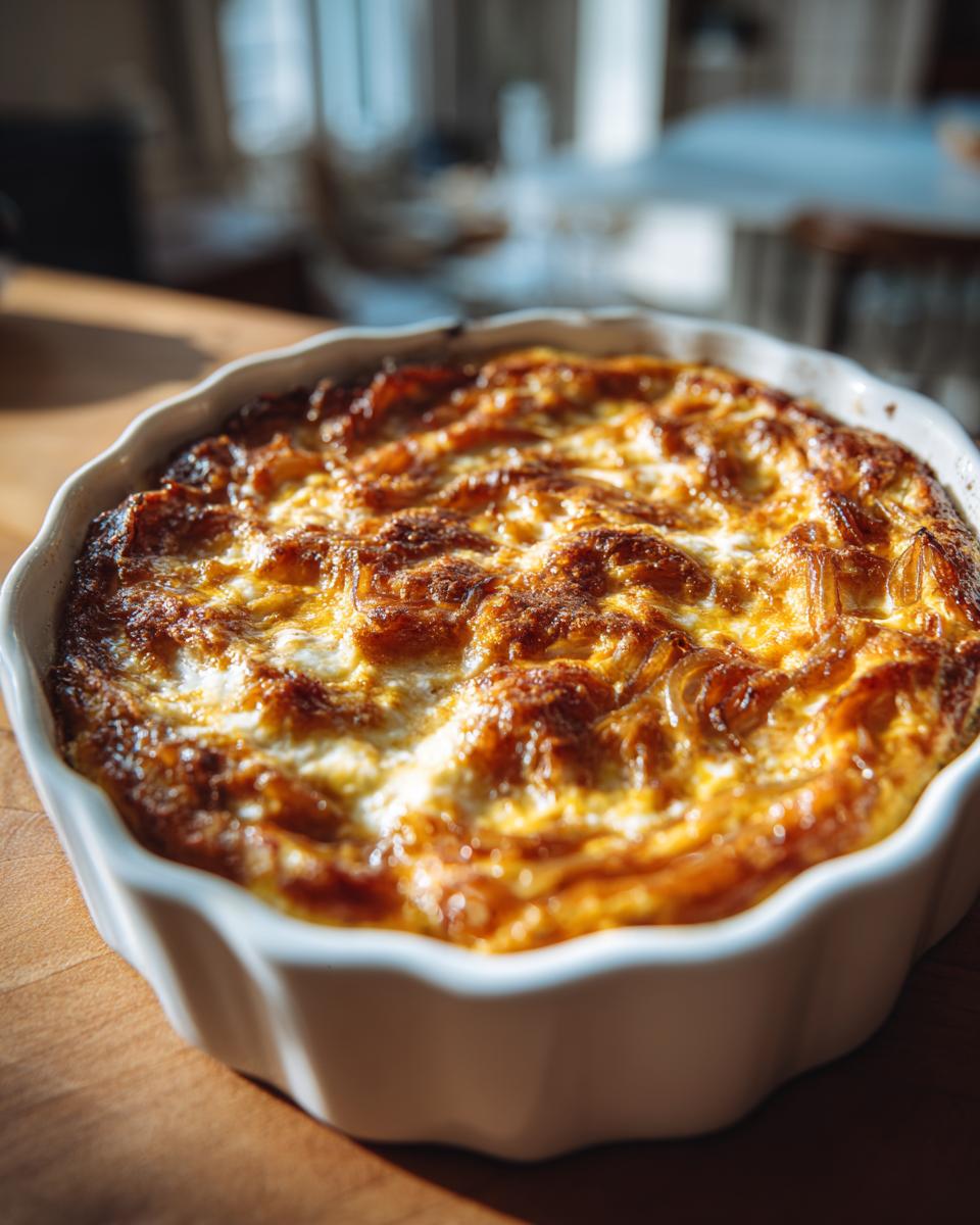 Close-up of a freshly baked caramelized onion dip with a golden-brown, bubbly top in a white ceramic dish.