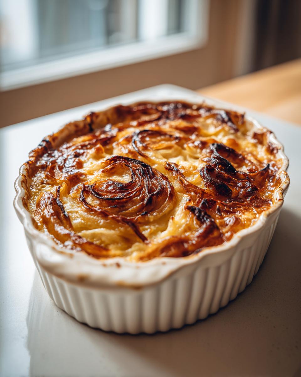 Close-up of a baked caramelized onion dip with beautifully browned, swirled onions in a white fluted baking dish.