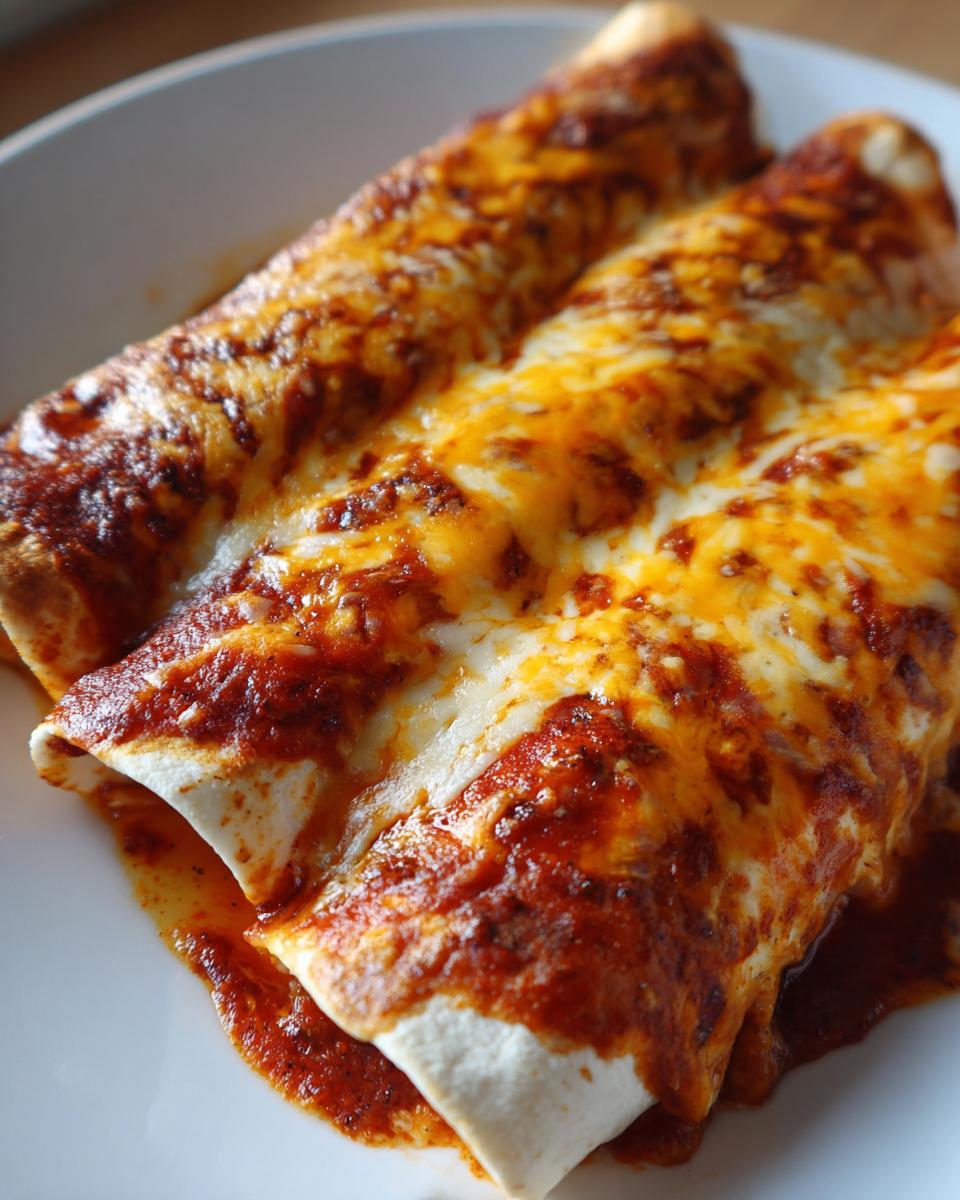 Close-up of two baked cheese enchiladas smothered in red sauce and melted cheddar cheese.
