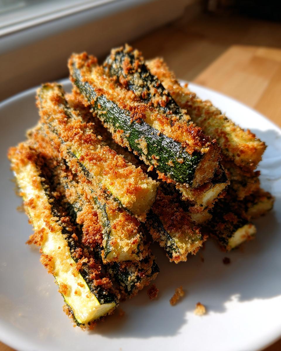 A pile of golden brown, crispy baked parmesan zucchini sticks stacked on a white plate, catching bright sunlight.